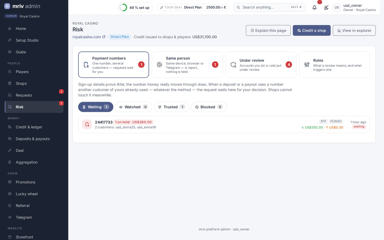 The Risk page with open cases